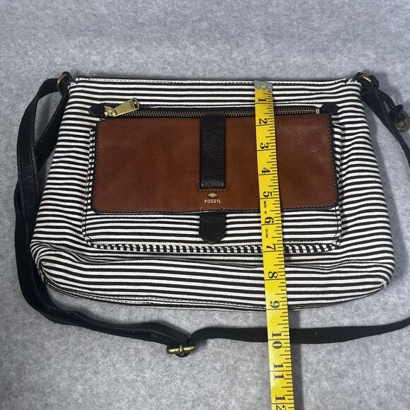 Fossil Crossbody Bag Womens Black White Stripe‎ Canvas Brown Leather Pocket Key - Picture 15 of 16